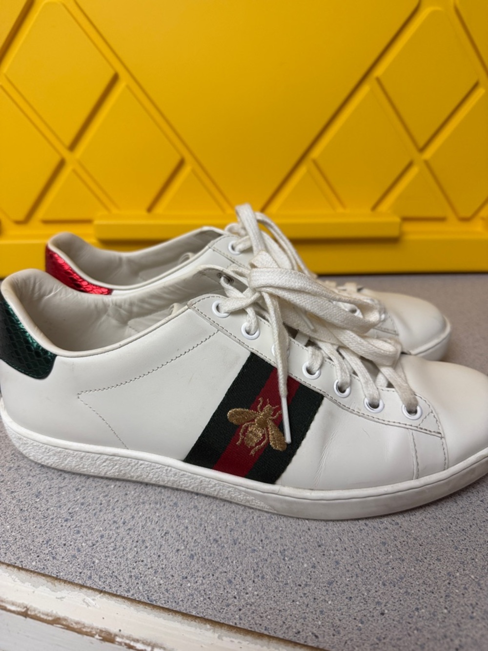 Gucci White Leather Sneakers with Red and Green Web and Gold Bee Embroidery